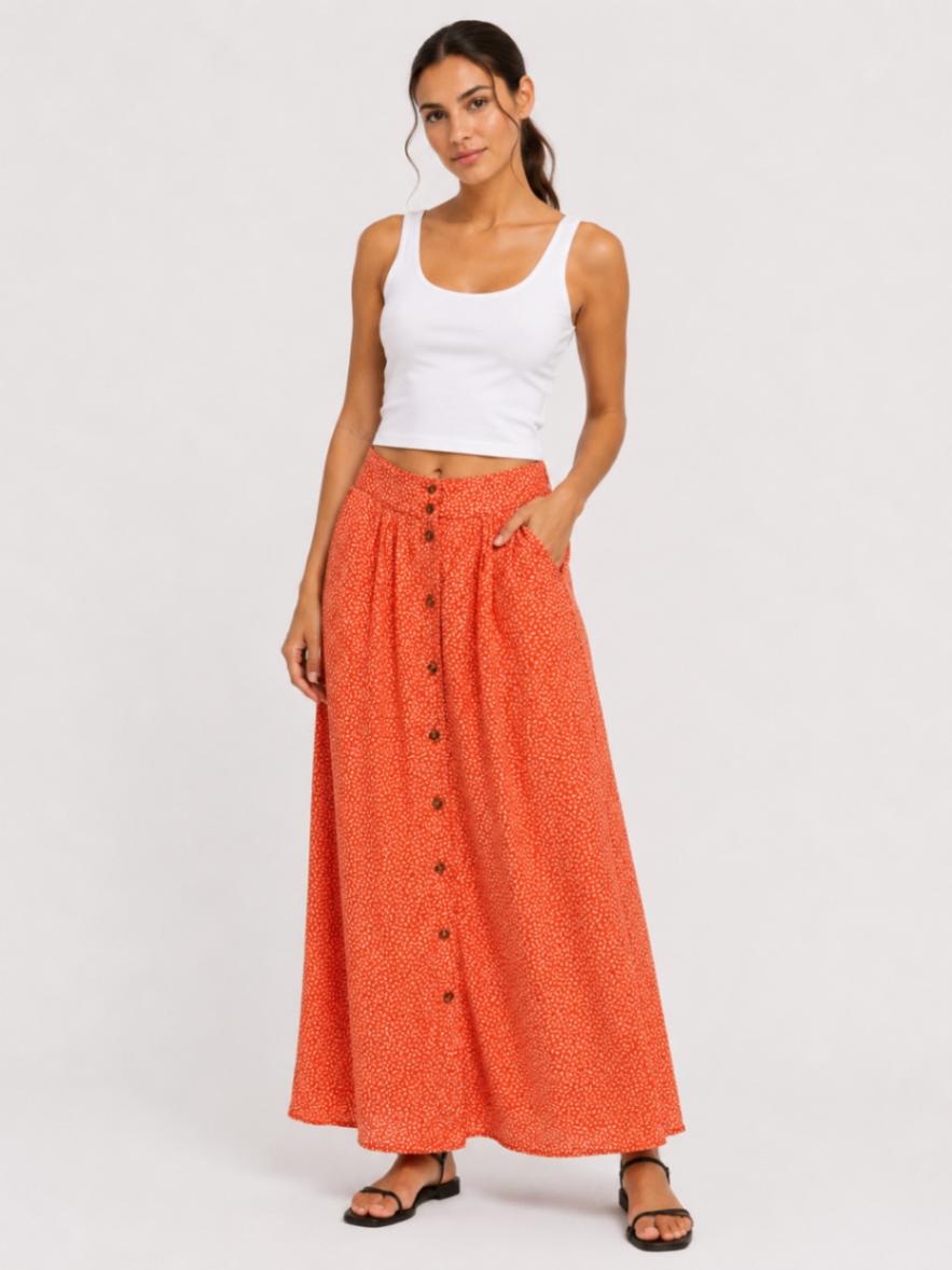 Red Skirt 34 Orange Red with White Print