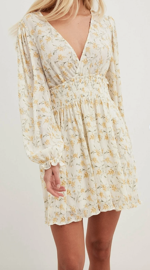 NA-KD Dress 36 Cream with yellow and green floral print