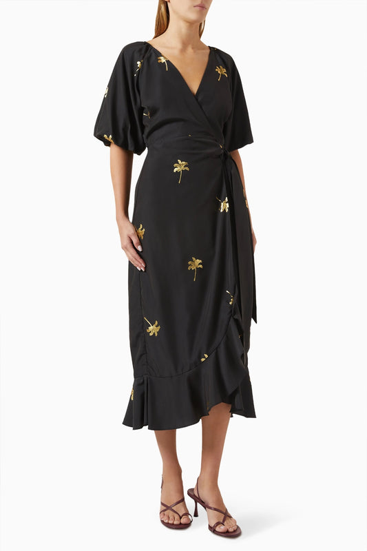 Never Fully Dressed Dress UK 14 / EUR 42 / US 10 Black with gold palm tree print