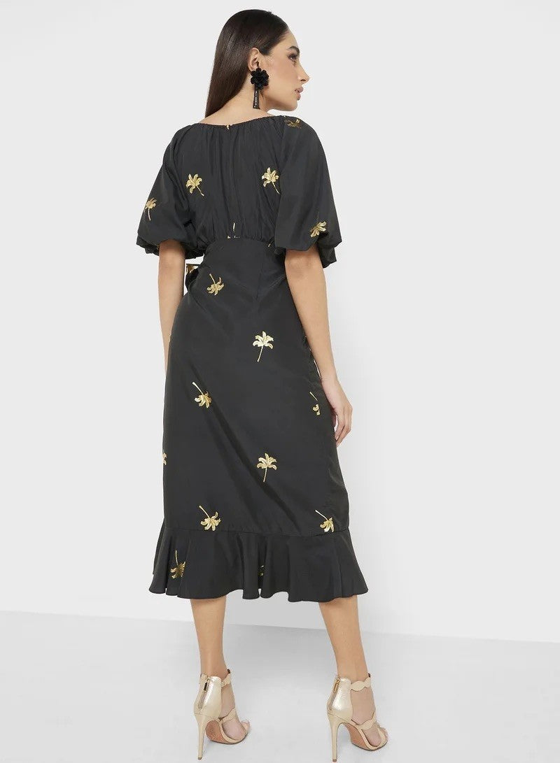 Never Fully Dressed Dress UK 14 / EUR 42 / US 10 Black with gold palm tree print
