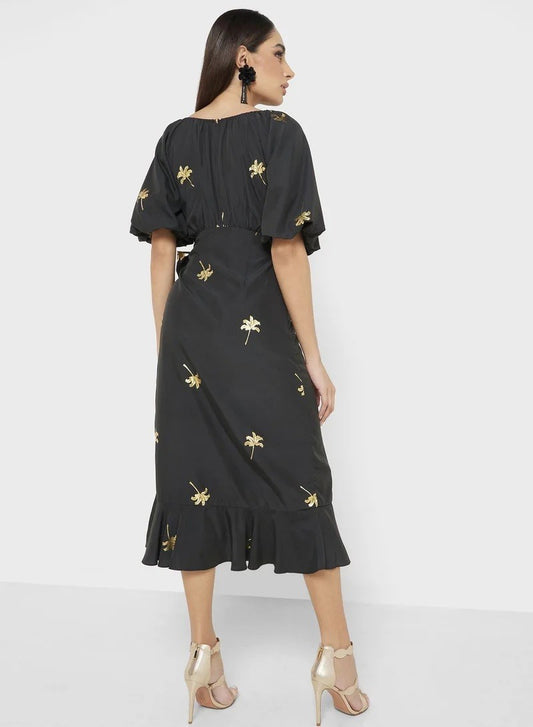 Never Fully Dressed Dress UK 14 / EUR 42 / US 10 Black with gold palm tree print